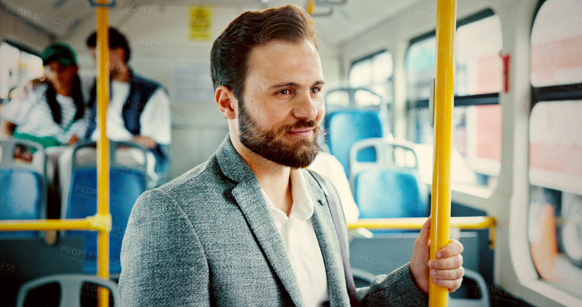 Buy stock photo Business, thinking and smile with man on bus for reflection, journey and meeting schedule. Public transportation, vision and idea with person in tram vehicle for travel, commuter and passenger