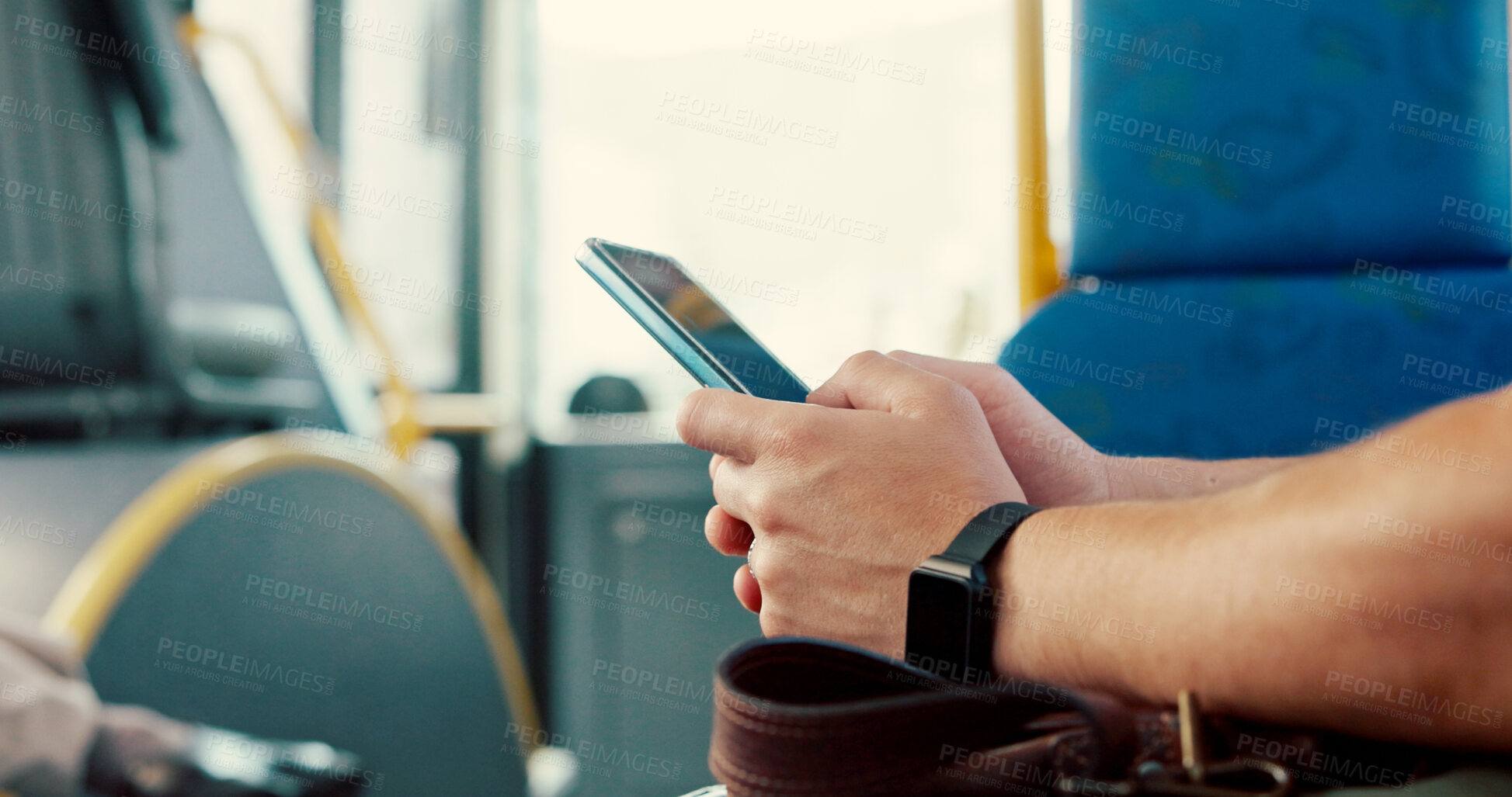 Buy stock photo Trip, hands and person with phone on bus for travel schedule, streaming service and morning commute. Mobile app, passenger and smartphone on public transport for journey, social media and connection