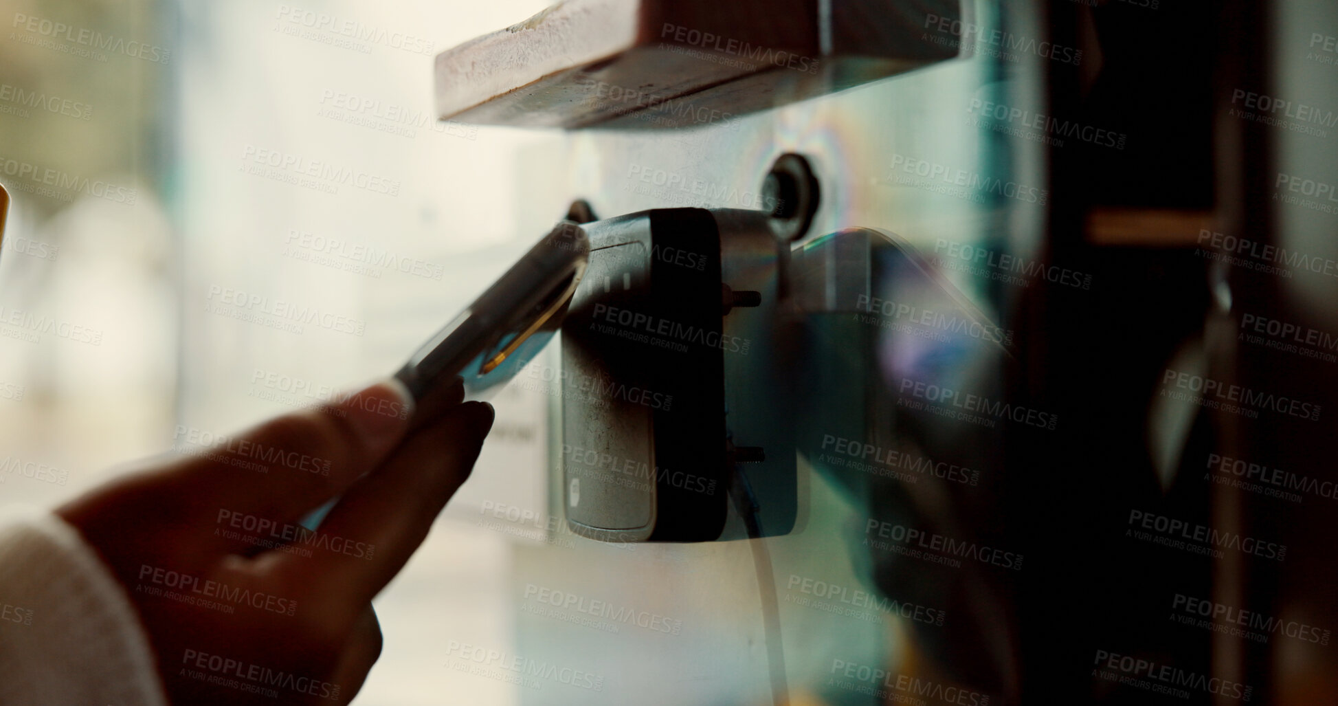 Buy stock photo Phone, digital payment and bus with hands of person for travel, boarding pass and nfc tap. Virtual ticket, public transportation and fintech with closeup of customer and mobile for metro machine