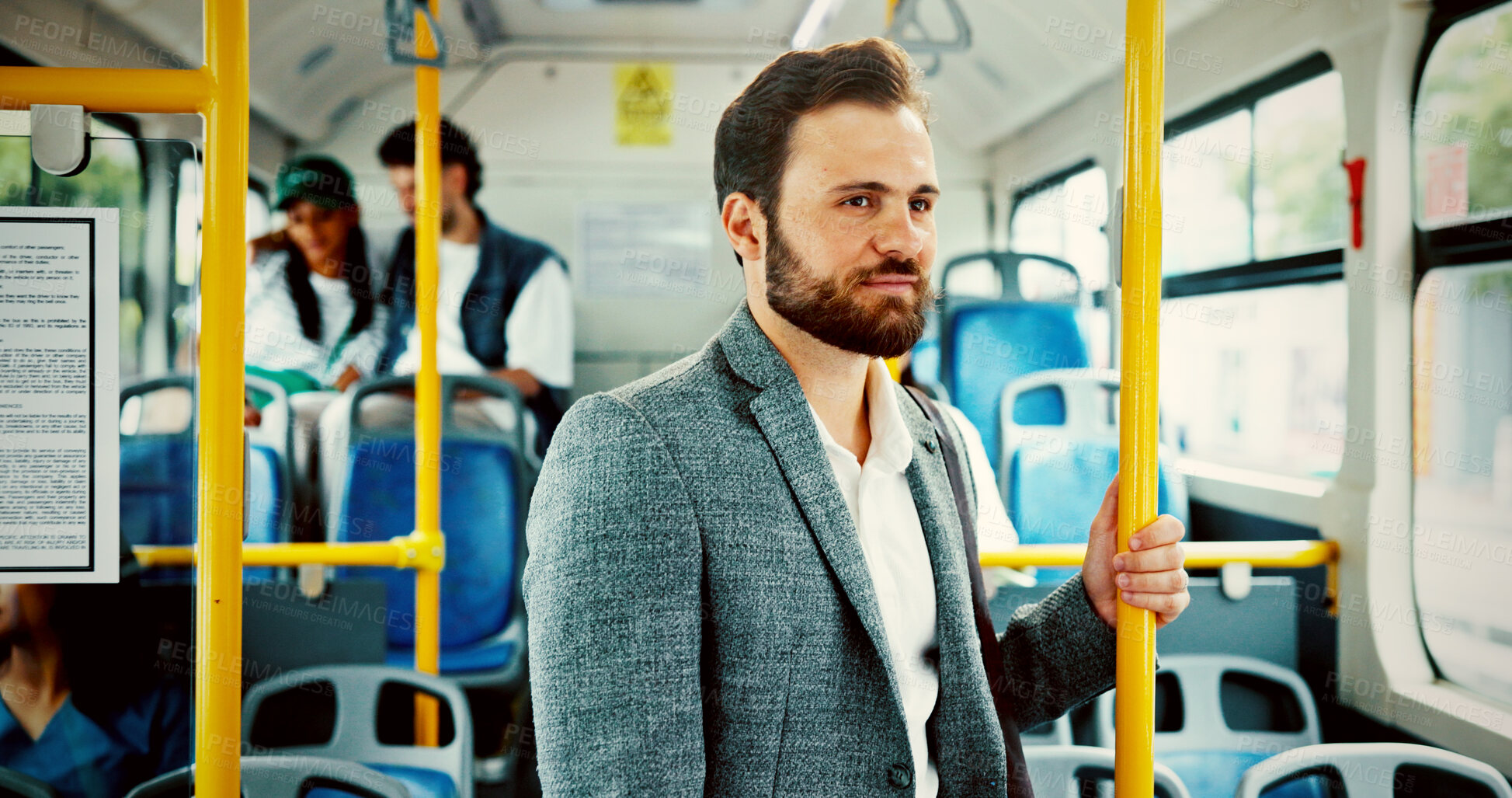 Buy stock photo Business, thinking and commute with man on bus for reflection, journey and meeting schedule. Public transportation, vision and idea with person in tram vehicle for travel, professional and passenger