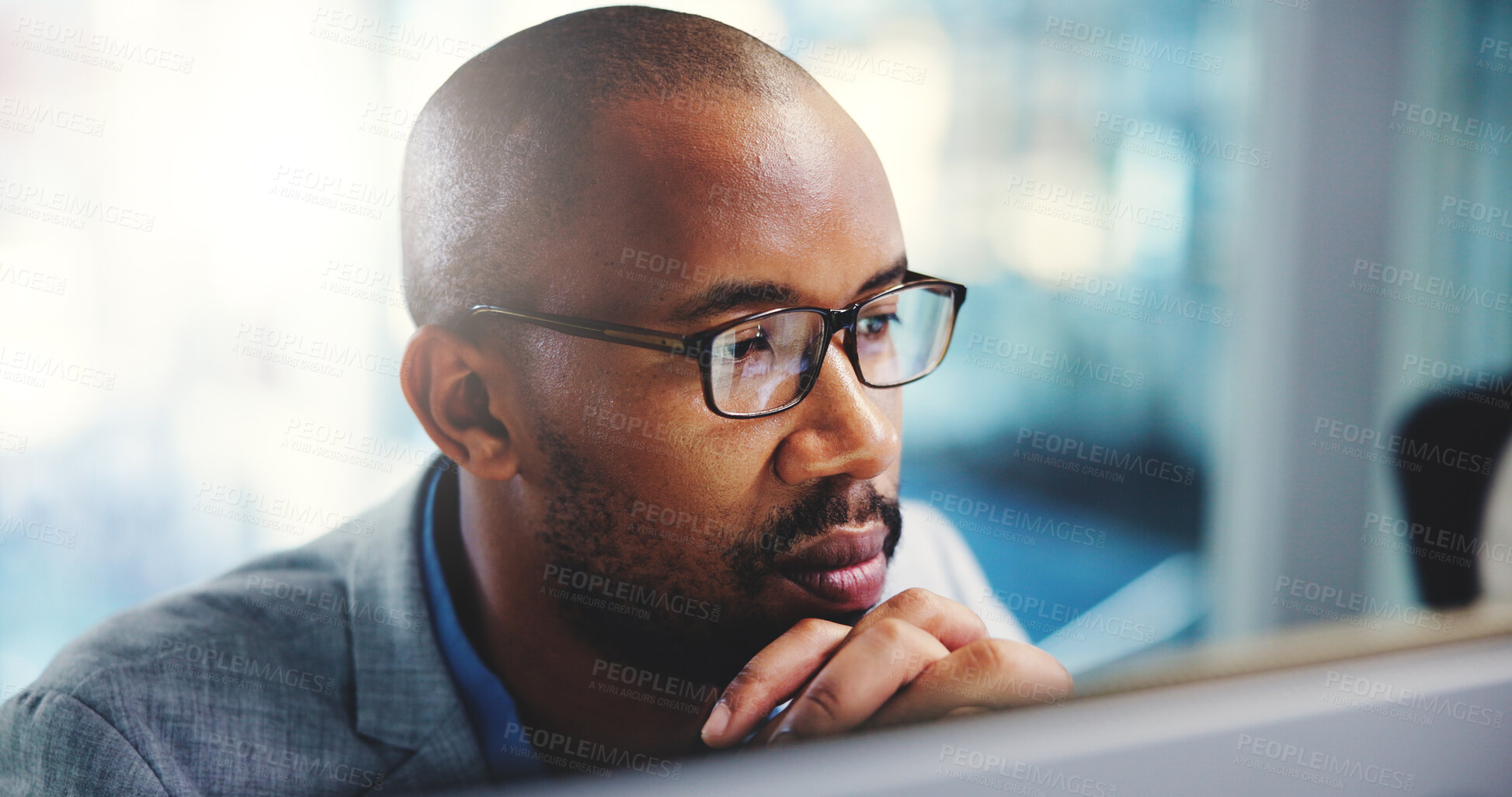 Buy stock photo Business, thinking or man in office, computer or online reading with accounting report. African person, financial advisor or consultant with decision, thought or pc with email for funding or solution