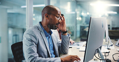 Buy stock photo Business, tired and man on computer with headache, pressure and exhausted accountant on deadline. Migraine, fatigue and employee in office with stress, burnout and financial mistake or fail at night