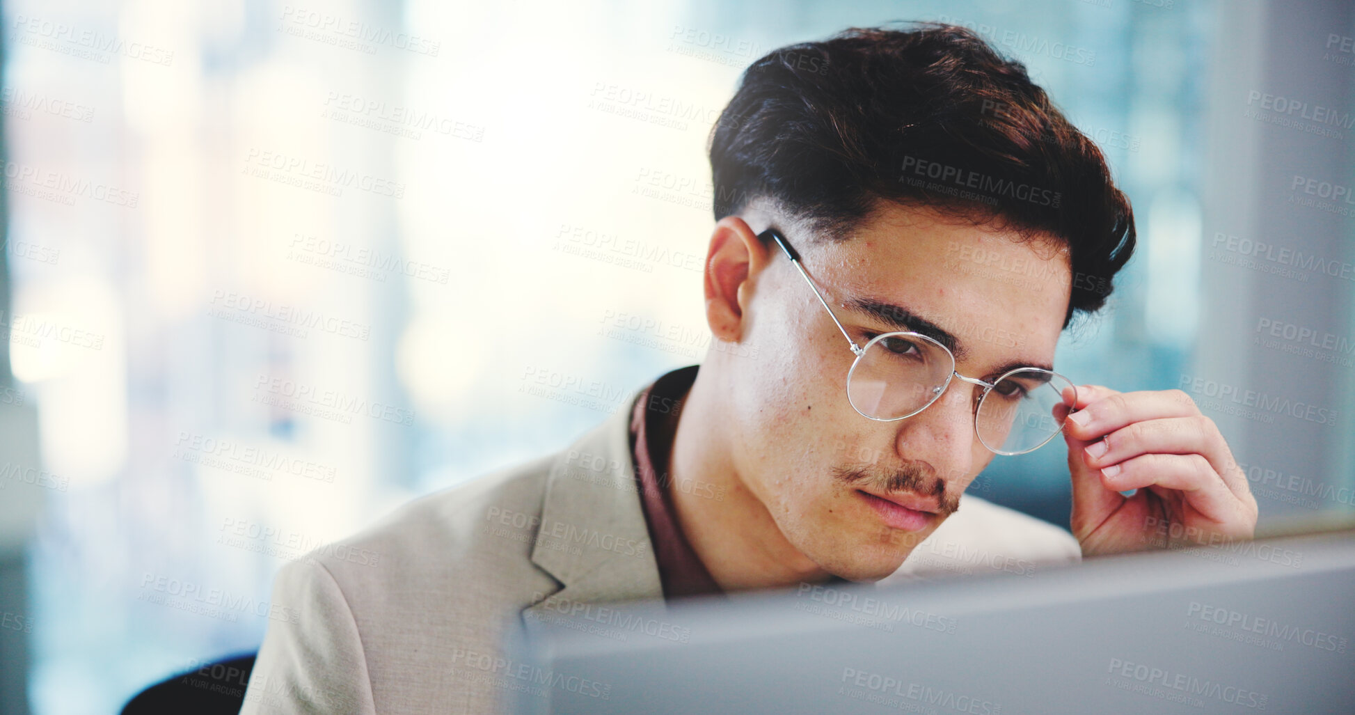 Buy stock photo Glasses, thinking and man in office, computer and online reading with decision. Person, financial advisor and professional with eyewear, vision and pc with email for funding, contemplation and choice