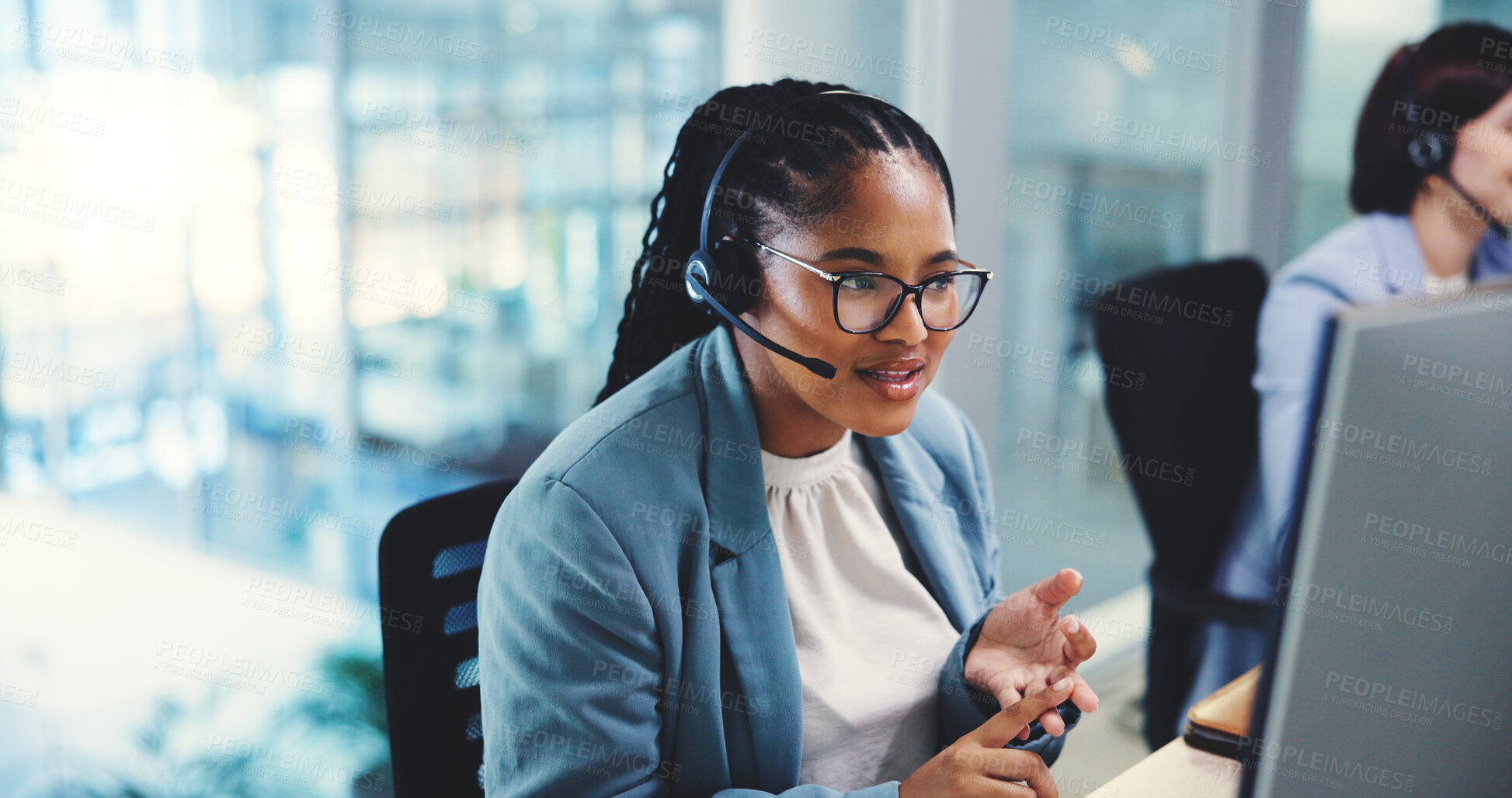 Buy stock photo Consultant, computer or woman in customer service for financial consulting, loan questions or online advice. Telecom, CRM or agent talking on mic in call center for telemarketing, help and sales 