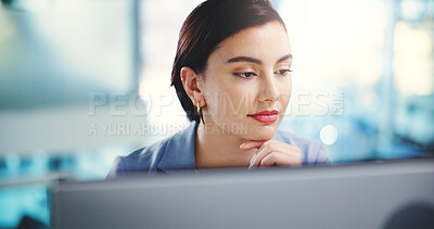 Buy stock photo Business, thinking and woman in workplace, computer or online reading to check funding proposal. Person, financial advisor or consultant with internet, decision or pc with email, connection or choice