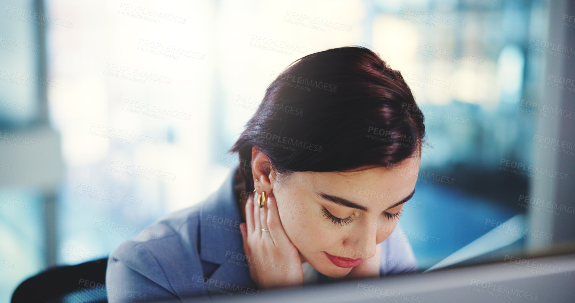 Buy stock photo Business, neck pain and woman in office, stress and overworked with burnout, writer and body ache. Person, journalist and employee in workplace, muscle tension and joint injury with fatigue and tired