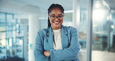 Buy stock photo Happy, business or African woman with arms crossed for finance career, investment project or accounting. Portrait, manager or proud advisor with smile in company for financial skills or development