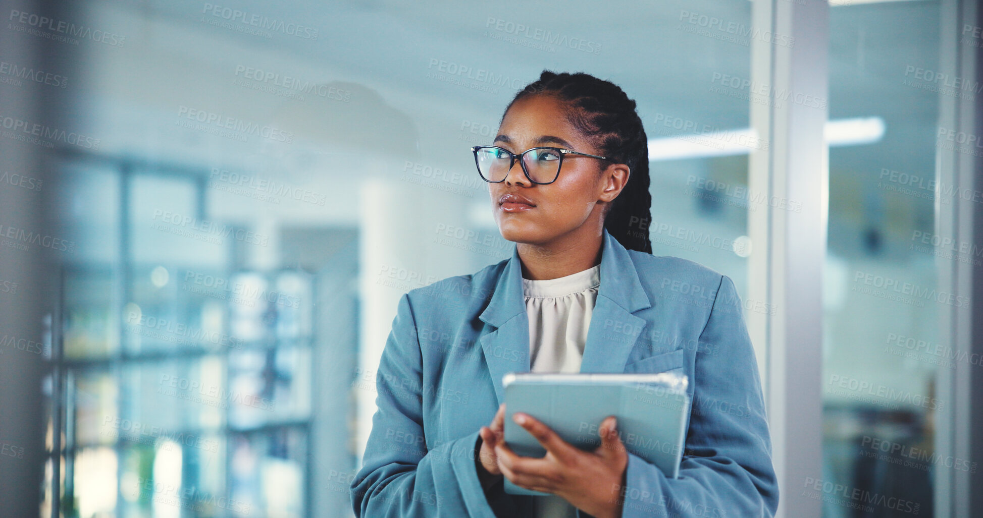 Buy stock photo Office, black woman and thinking with tablet for research, finance report and digital for email. Career, female person and financial consultant with ideas for risk management, business and planning