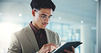 Man, scroll or tablet in office for business, networking or economy research for company development. Investor, glasses or tech in agency for trading app, banking or search for investment opportunity