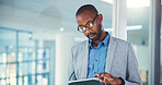 Black man, scroll or tablet in office for business, website or economy research for company development. Investor, glasses or tech at window for trading, review or search for investment opportunity