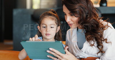 Buy stock photo Tablet, elearning and mother with child on sofa for playing educational games with online app. Happy, connection and mom teaching girl with technology for bonding, development or growth in home.