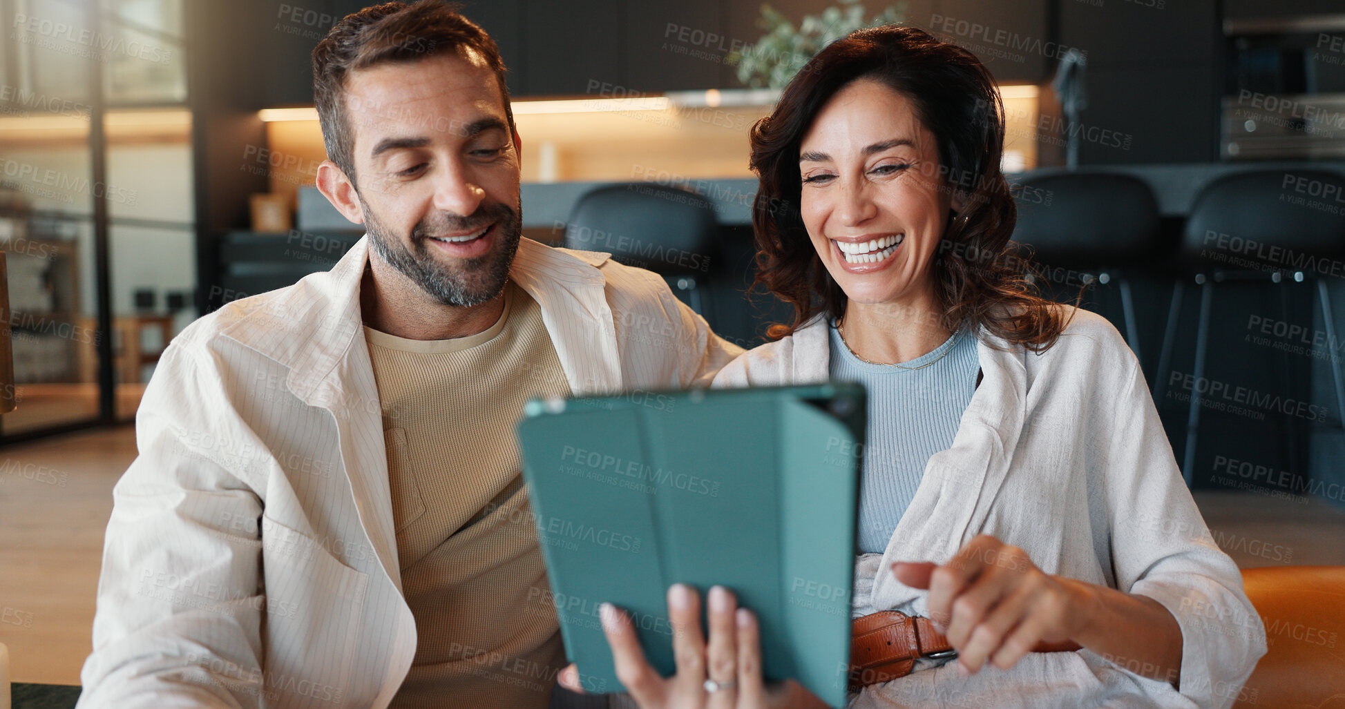 Buy stock photo Mature couple, tablet and laugh on couch, funny meme and chat with streaming, video and memory in home. People, man and woman with digital touchscreen, app and talk with social network in lounge