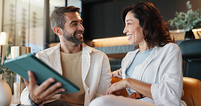 Buy stock photo Mature couple, tablet and laugh on sofa, funny meme and chat with streaming, video and memory in home. People, man and woman with digital touchscreen, app and talk with social network at apartment