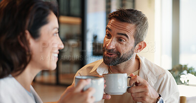 Buy stock photo Home, love and couple with coffee, conversation and bonding together in lounge. Care, relax and man with woman, cappuccino and relationship with discussion, romance and happiness with morning or talk