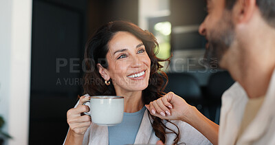 Buy stock photo Home, relax and couple with coffee, conversation and bonding together in living room. Smile, apartment and man with woman, cappuccino and relationship with discussion, romance and happiness with care