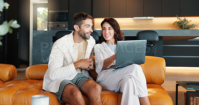 Buy stock photo Home, discussion and couple on sofa, laptop and connection with comfort in lounge. Email, man and woman on couch, computer and conversation with entertainment, internet and relax with website info