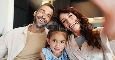 Buy stock photo Parents, child and portrait with selfie in home for social media post, bonding together and connection. Family, people and photography for profile picture update, memory or relationship with security