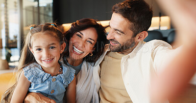 Buy stock photo Parents, girl and portrait with selfie in home for social media post, bonding together and happy relationship. Family, people or photography for profile picture update, memory or connection with love
