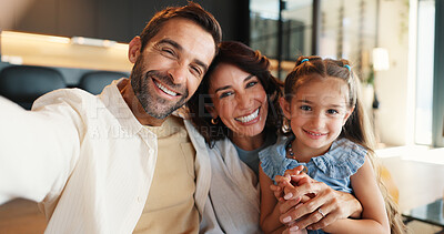 Buy stock photo Parents, kid and portrait with selfie in home for social media post, bonding together and happy relationship. Family, people or photography for profile picture update, support or connection with love