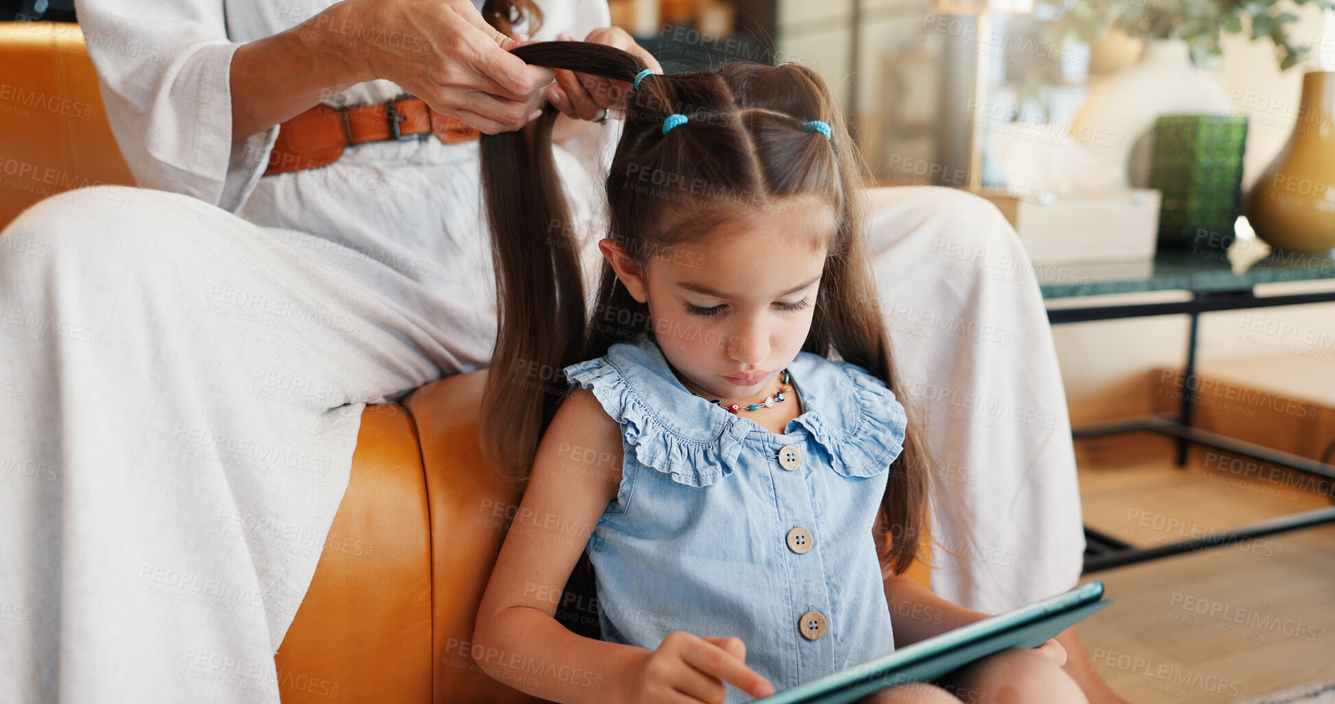 Buy stock photo Hands, mom and hairstyle for child, home and bonding with daughter in living room, haircare or love. Care, mother and grooming hair for kid, cosmetics and shine of hairdo, texture or person in lounge