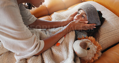 Buy stock photo Hands, mother and care with sick child in home for help, family support or check temperature for health recovery. Girl, parent and kid with fever on sofa, virus disease or cold allergies with illness