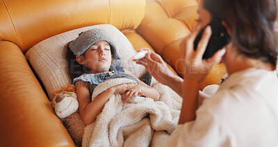 Buy stock photo Phone call, sick and mother with girl, thermometer and disease with online consultation. Family, home or mama with daughter, smartphone or app for medical advice, telehealth or check fever with flu