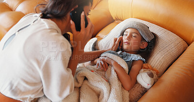 Buy stock photo Phone call, sick and mother with girl, fever and disease with online consultation. Family, kid or mama with daughter, cellphone or app for medical advice, telehealth or flu with illness, home or cold