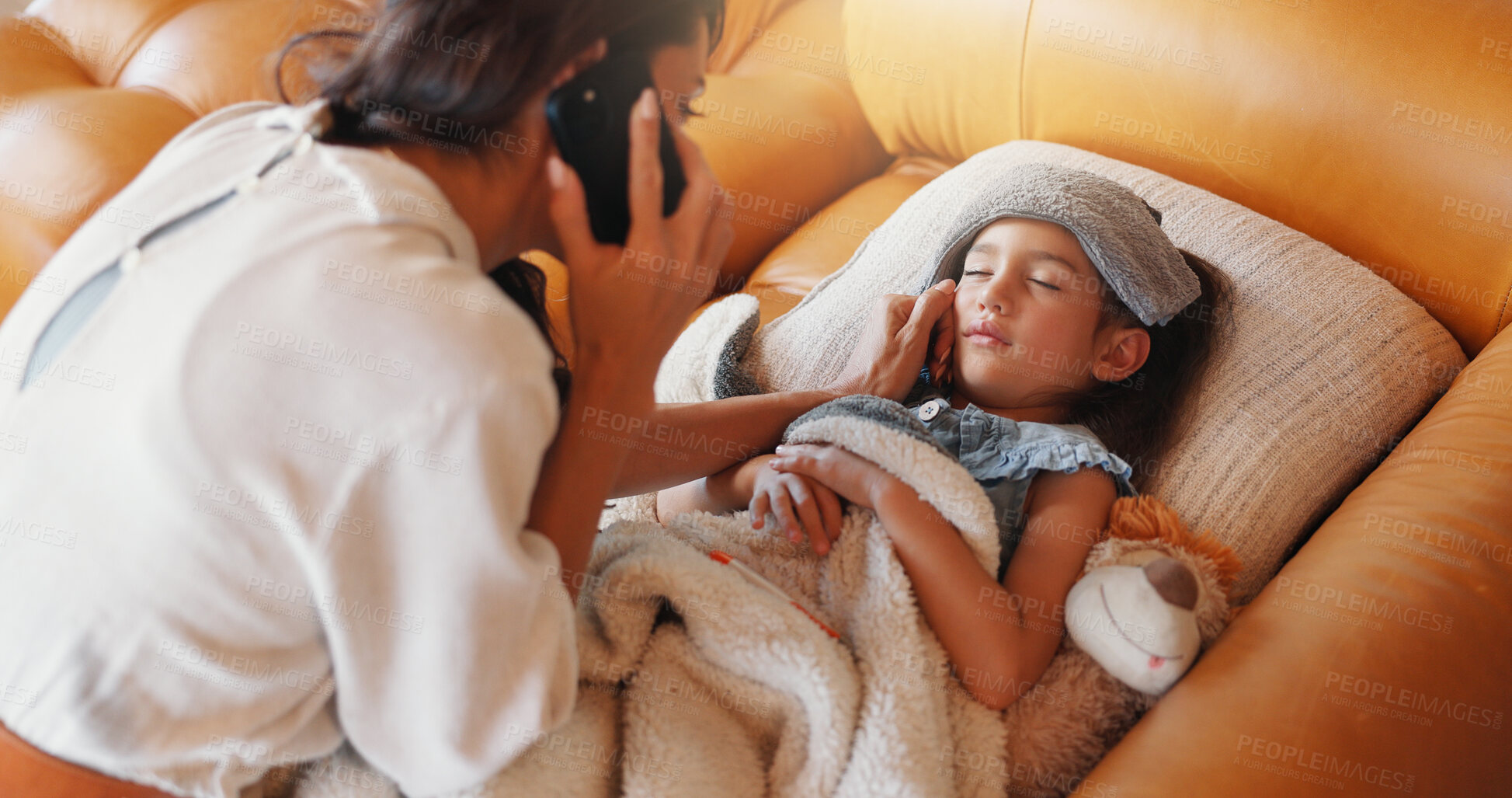 Buy stock photo Phone call, sick and mother with girl, fever and disease with online consultation. Family, kid or mama with daughter, cellphone or app for medical advice, telehealth or flu with illness, home or cold