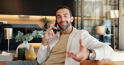 Buy stock photo Phone call, remote work and smile with man in living room of home for communication or planning. Conversation, freelance career and negotiation with person in apartment for small business startup