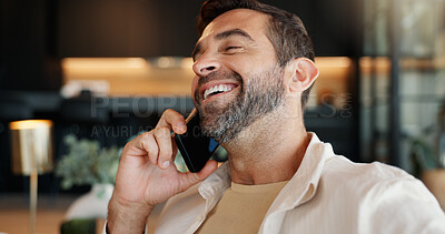 Buy stock photo Laughing, phone call and relax with man on sofa in living room of home for mobile conversation. Communication, funny and time off with happy person in apartment for weekend break or wellness