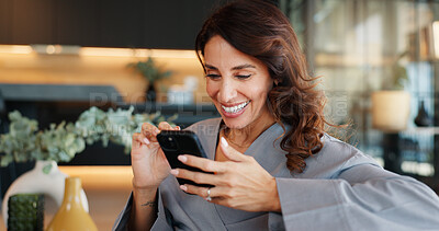 Buy stock photo Home, relax and woman with smile, cellphone and internet with message to contact, chatting and email. Apartment, mobile user and happy person on sofa, smartphone or funny meme with online joke or app