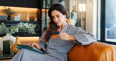 Buy stock photo Credit card, tablet and woman with payment in home for online shopping, internet banking or purchase. Technology, debit and person with digital money in living room for ecommerce, finance or deposit
