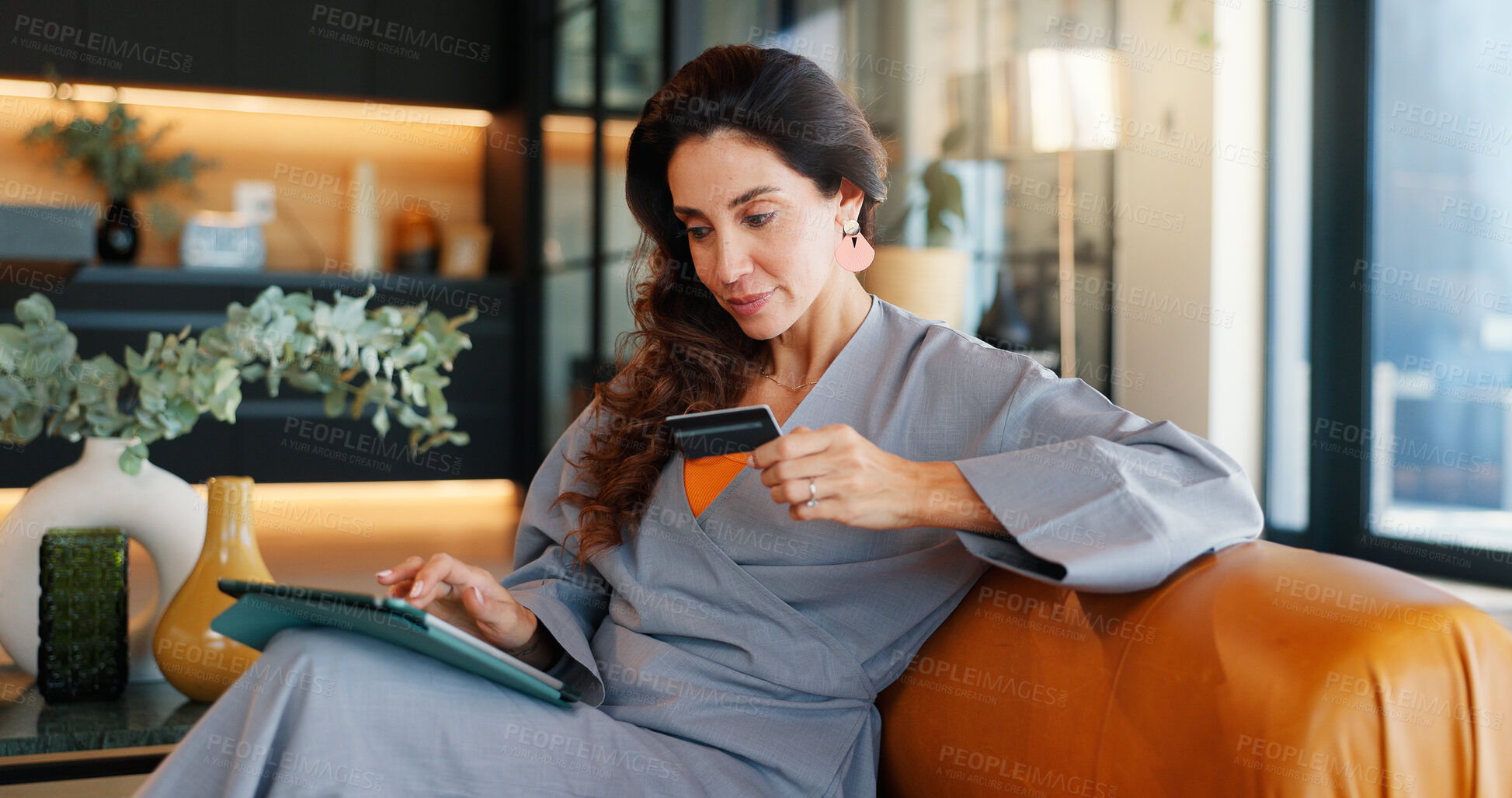 Buy stock photo Credit card, tablet and woman with payment in home for online shopping, internet banking or purchase. Technology, debit and person with digital money in living room for ecommerce, finance or deposit