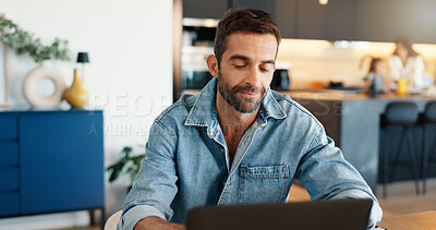 Buy stock photo Laptop, remote work and research with man in family home for online report or planning. Computer, email and freelance career with entrepreneur person in apartment kitchen for small business startup
