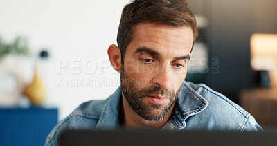 Buy stock photo Laptop, problem solving and remote work with man in home for online report or planning. Computer, email and freelance career with entrepreneur reading info in apartment for small business startup