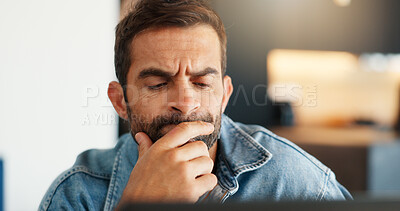 Buy stock photo Laptop, remote work and thinking with man in home office for online report or planning. Computer, confused and problem solving with doubtful freelance entrepreneur in apartment for small business