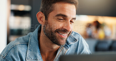 Buy stock photo Laptop, remote work and smile with man in family home for online report or planning. Computer, happy and research with freelance entrepreneur reading email in apartment for small business startup