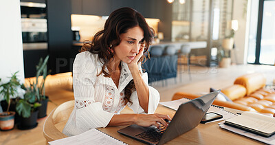 Buy stock photo Laptop, reading and freelancer with woman in home for research, business proposal and information. Email communication, typing and online with person for remote worker, feedback report and review