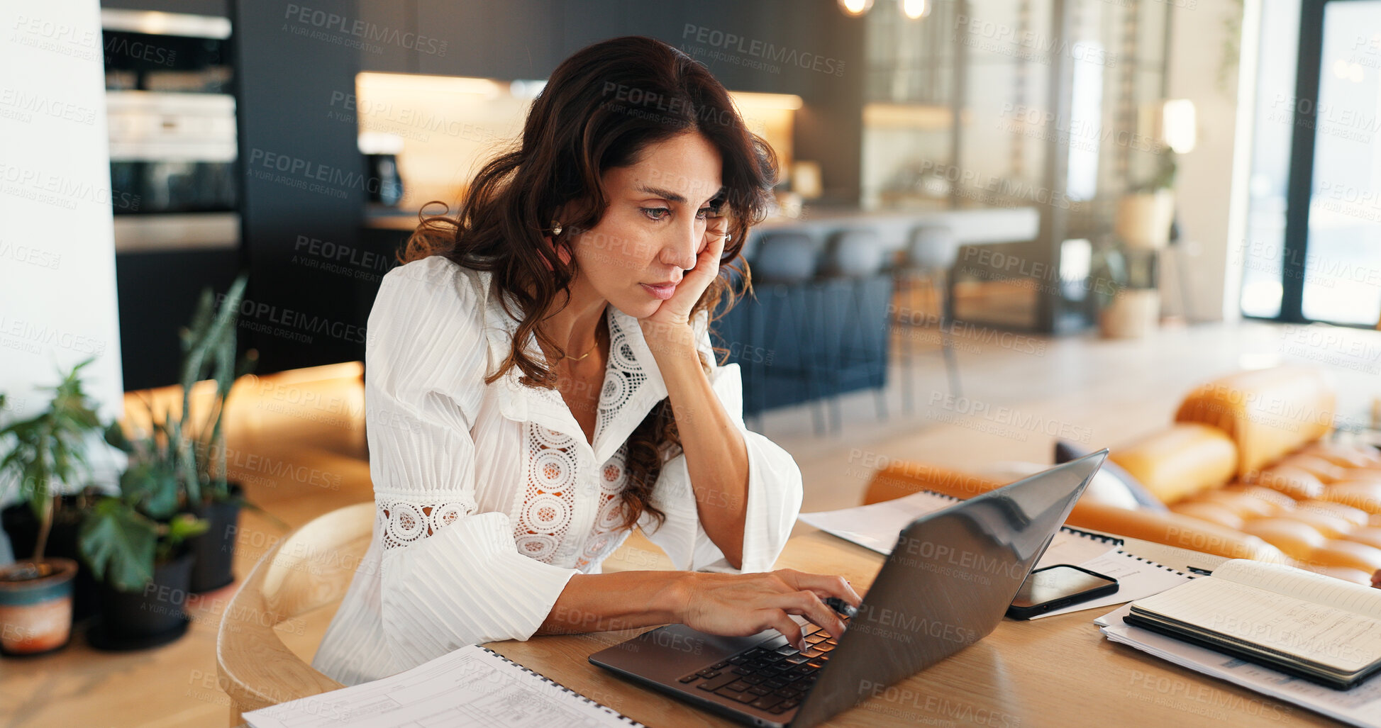 Buy stock photo Laptop, reading and freelancer with woman in home for research, business proposal and information. Email communication, typing and online with person for remote worker, feedback report and review