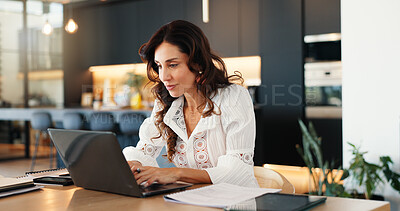 Buy stock photo Typing, research and laptop with woman in home office for freelancer, business proposal and client feedback. Communication, remote worker and email report with person in house for connection