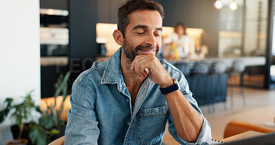 Buy stock photo Laptop, remote work and thinking with man in family home for online report or planning. Computer, email and freelance career with happy entrepreneur in apartment kitchen for small business startup