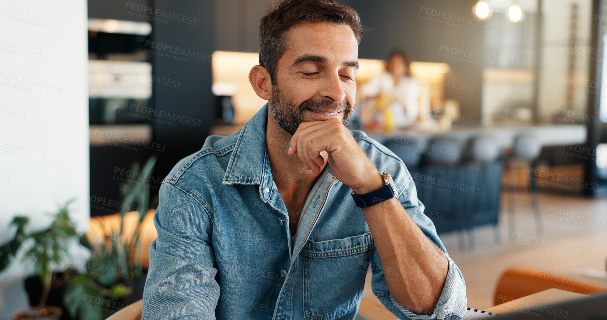 Buy stock photo Laptop, remote work and thinking with man in family home for online report or planning. Computer, email and freelance career with happy entrepreneur in apartment kitchen for small business startup