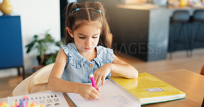 Buy stock photo Girl, child and writing with homework, book and learning with development, notes and education at apartment. Kid, notebook and studying with scholarship, progress and school project at family house