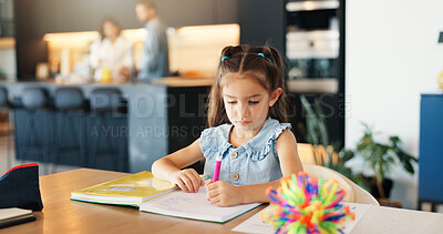 Buy stock photo Girl, child and writing with homework, education and learning with development, notes and book at apartment. Kid, notebook and studying with scholarship, progress and school project at family house