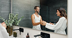 Happy couple, hotel or dancing in bathroom for fun morning, routine or support with love together. Care, date or people with smile, romance for grooming hygiene, anniversary or getting ready in home