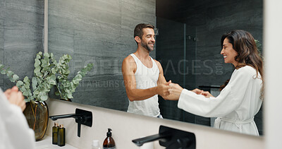 Buy stock photo Happy couple, hotel or dancing in bathroom for fun morning, routine or support with love together. Care, date or people with smile, romance for grooming hygiene, anniversary or getting ready in home