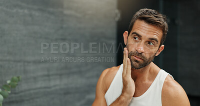 Buy stock photo Man, mirror and check hair in bathroom for beard growth, grooming routine and natural texture. Male person, reflection and facial inspection with beauty, maintenance treatment and self care at house