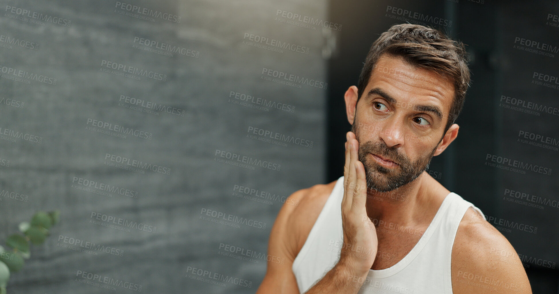 Buy stock photo Man, mirror and check hair in bathroom for beard growth, grooming routine and natural texture. Male person, reflection and facial inspection with beauty, maintenance treatment and self care at house