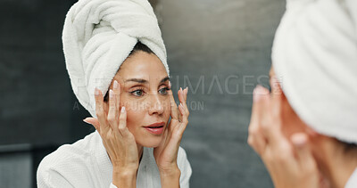 Buy stock photo Skincare, beauty and woman in bathroom for natural, moisturizing and morning routine in home. Cosmetic, wellness and female person by mirror for facial dermatology treatment for clean in apartment.