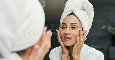 Buy stock photo Skincare, beauty and woman in bathroom for natural, moisturizing and morning routine in home. Cosmetic, wellness and female person by mirror for facial dermatology treatment for clean in apartment.